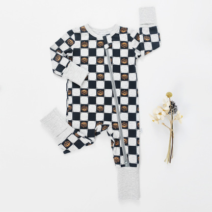 baby Checkered Pumpkin Zipper Romper