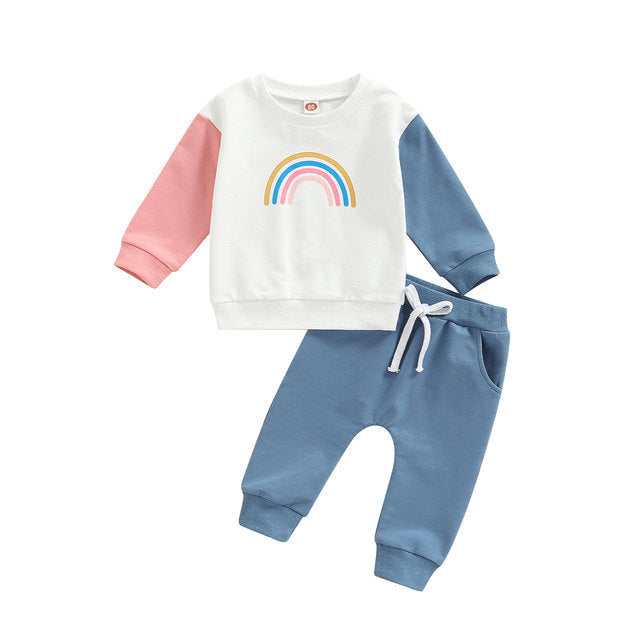 2 Piece Baby rainbow print colorblock Suit
