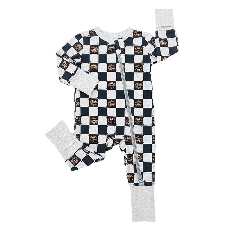 baby Checkered Pumpkin Zipper Romper