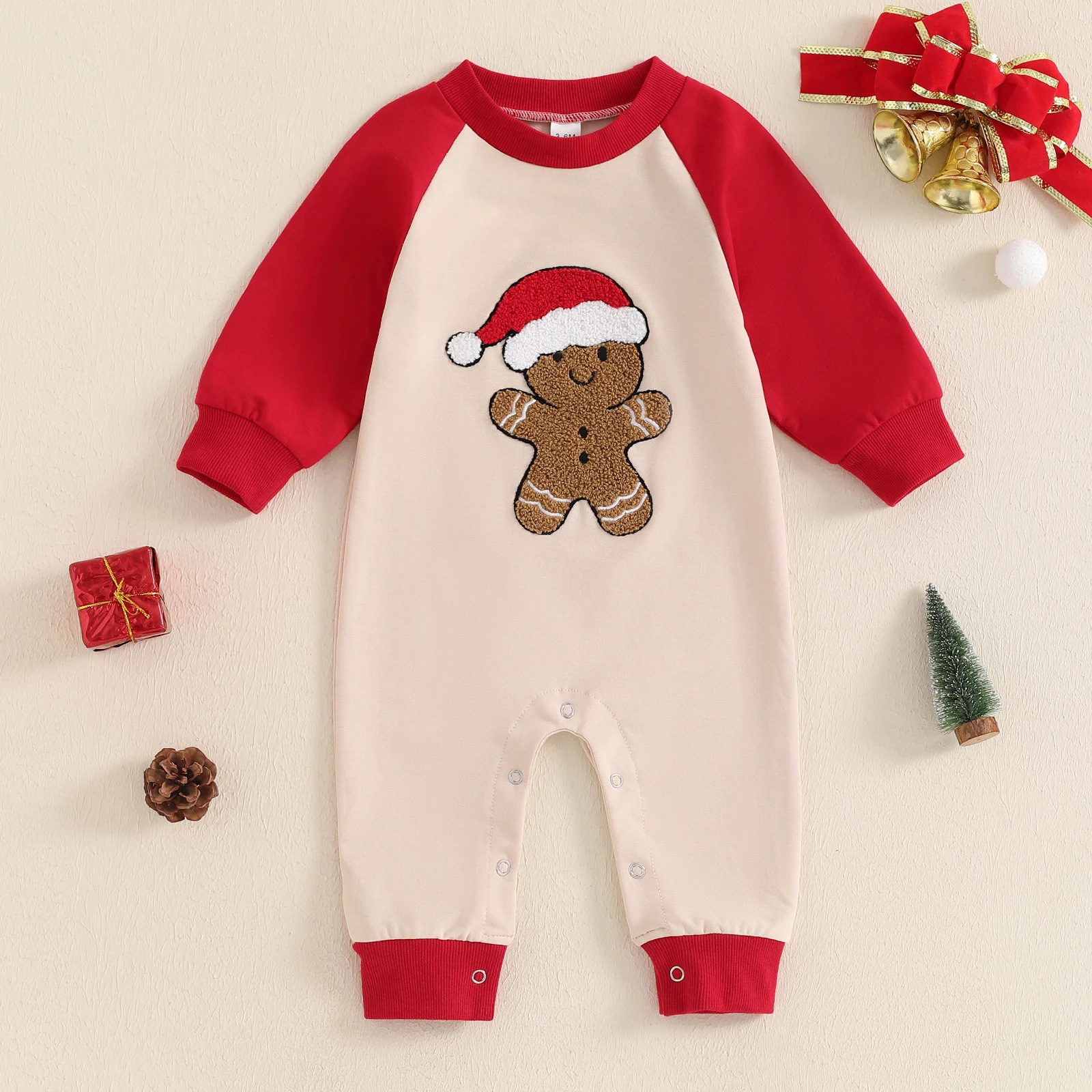 Cute Christmas Embroidered Color Block Long Sleeve Bodysuit