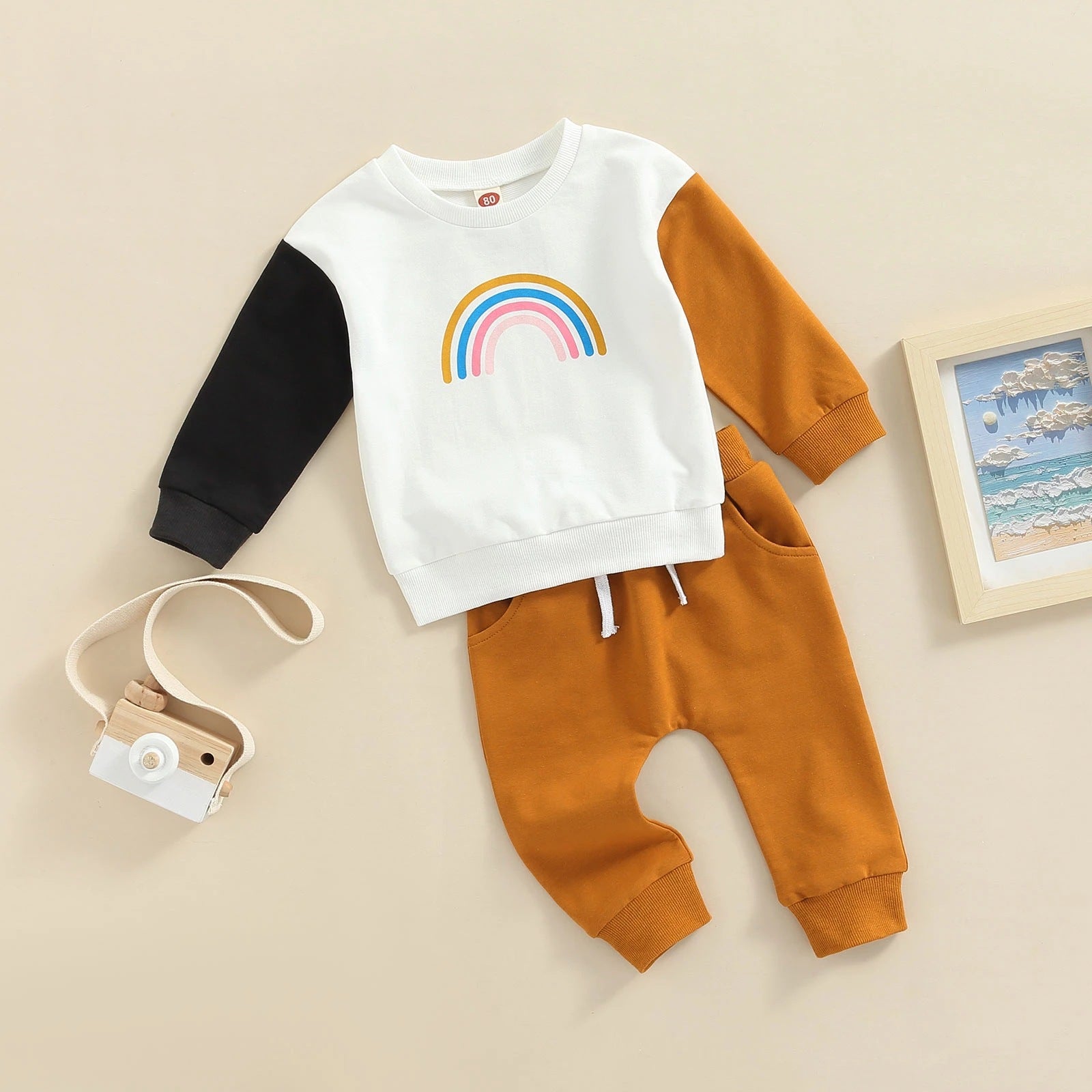 2 Piece Baby rainbow print colorblock Suit
