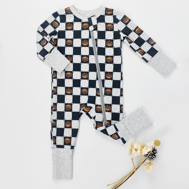 baby Checkered Pumpkin Zipper Romper