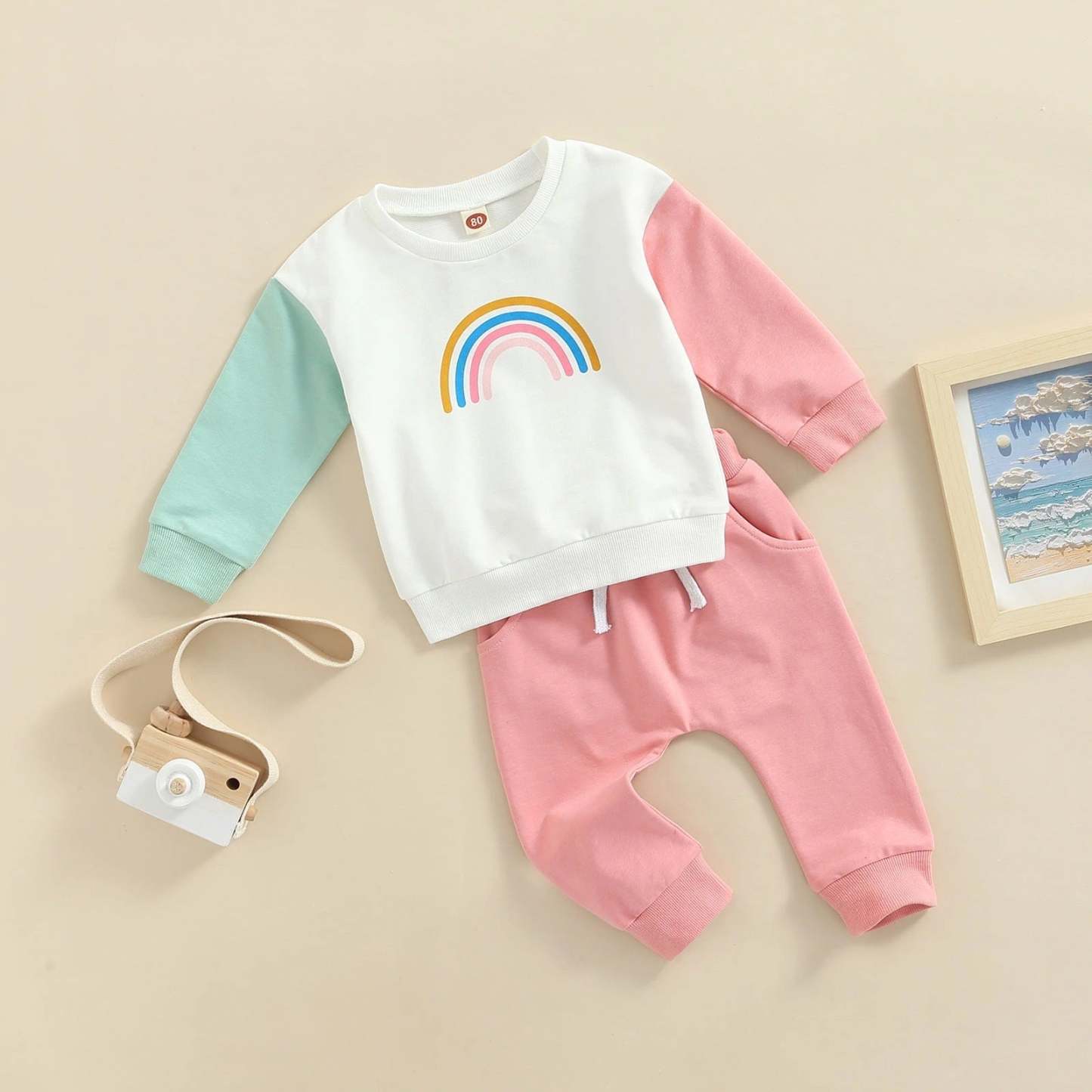 2 Piece Baby rainbow print colorblock Suit