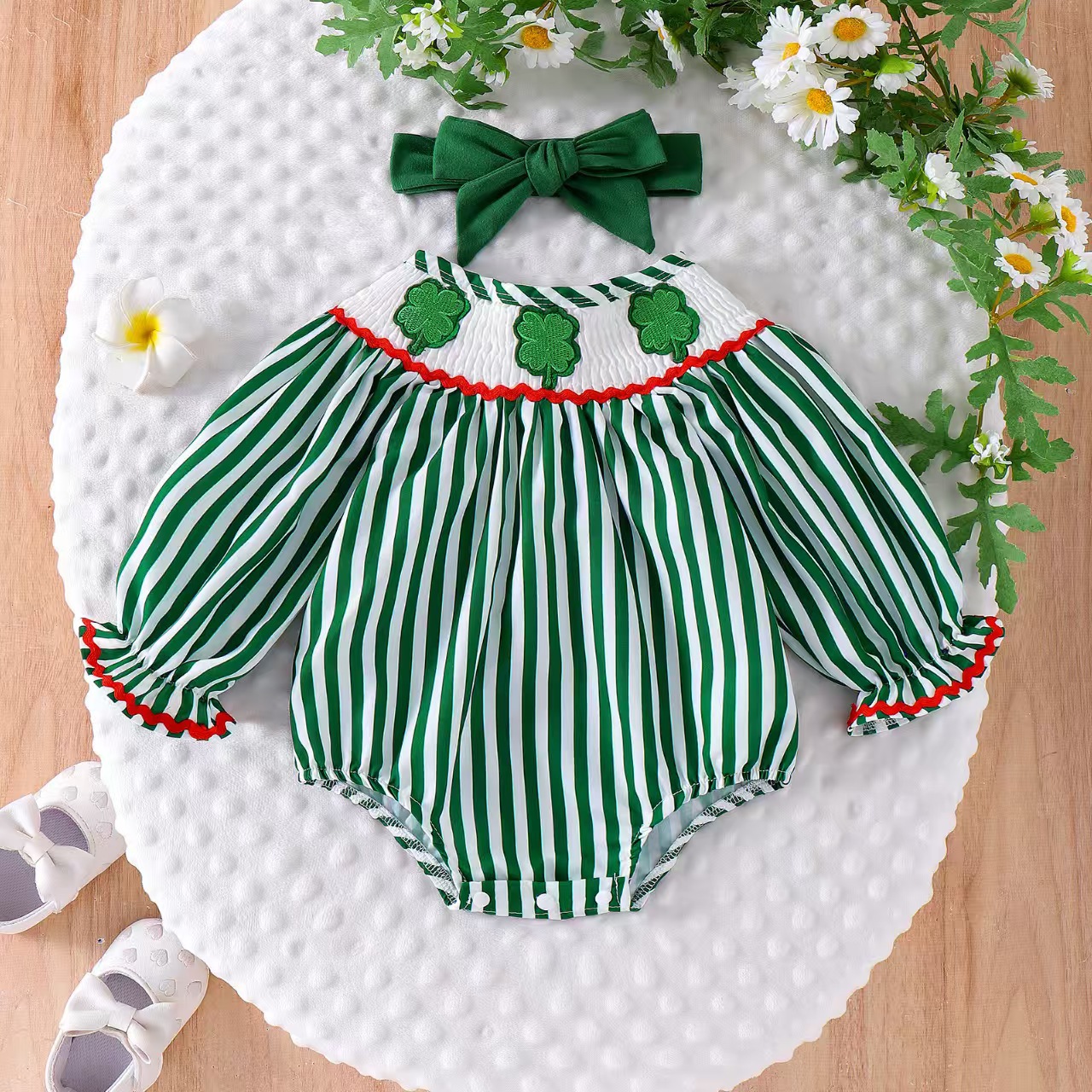 Baby Girl Four Leaf Clover Embroidered  Romper