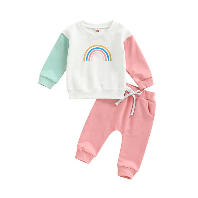 2 Piece Baby rainbow print colorblock Suit