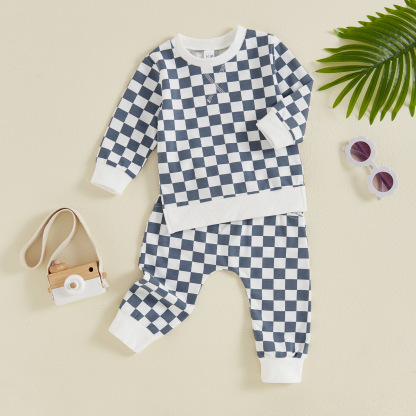 Boys’ Checkered Long Sleeve and Long Pants Two-Piece Set