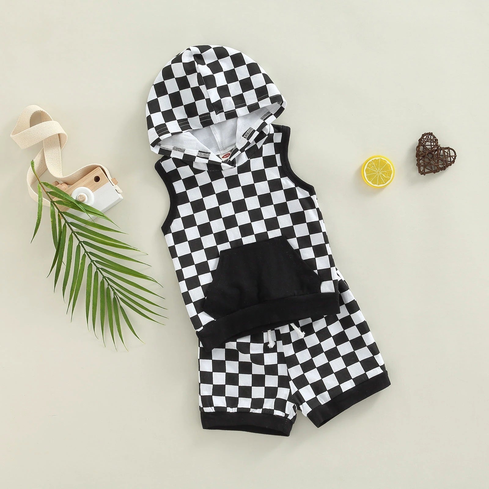 2 Piece plaid print hooded pocket Suit