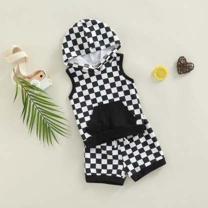 2 Piece plaid print hooded pocket Suit