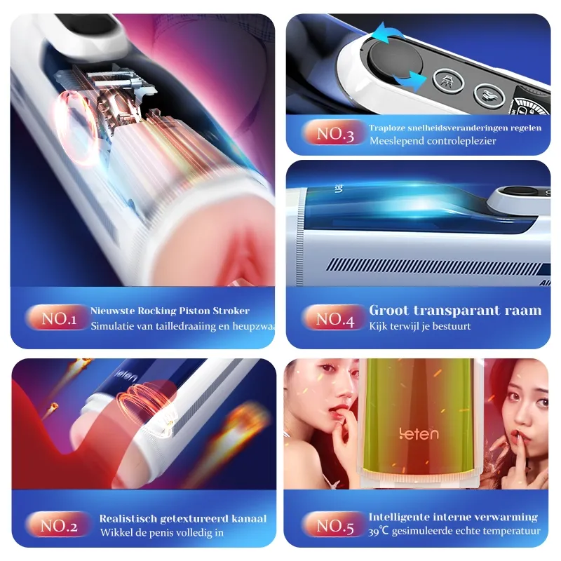 Leten Realistische Masturbator met 10 Thrusting Swings en Verwarming