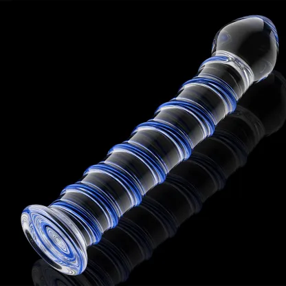 Transparante Blauwe Threaded Glazen Dildo 17cm
