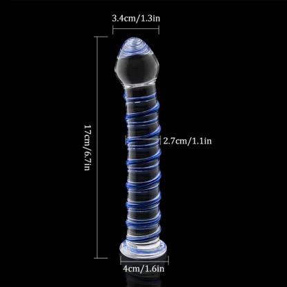 Transparante Blauwe Threaded Glazen Dildo 17cm