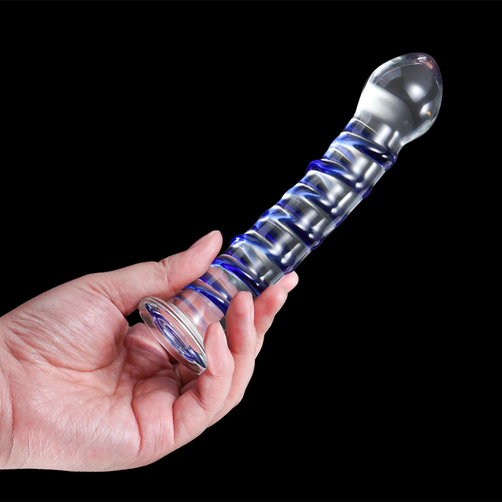 Transparante Blauwe Threaded Glazen Dildo 17cm