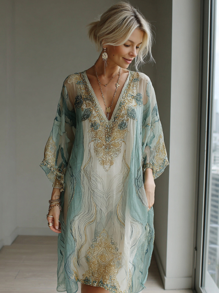 Vintage Marble Texture Collection Retro Bohemia Women Style Gradient Gilded Pattern Linen Dress