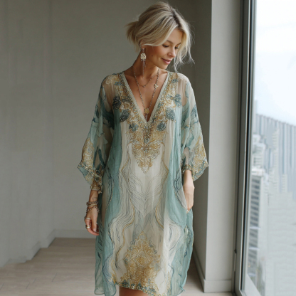 Vintage Marble Texture Collection Retro Bohemia Women Style Gradient Gilded Pattern Linen Dress