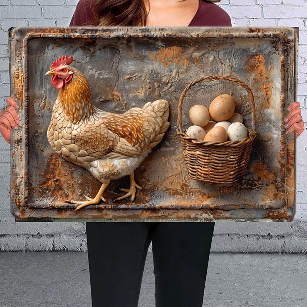 ON SALEVintage Chicken & Fresh Eggs Metal Sign - Rustic Wall Decor (18.5in x 11.8in)