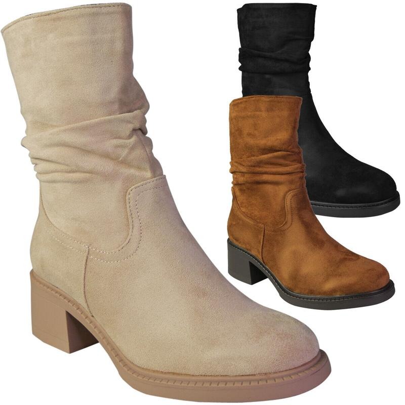 Womens Mid Calf Rouched Cuban Warm Zip Boots