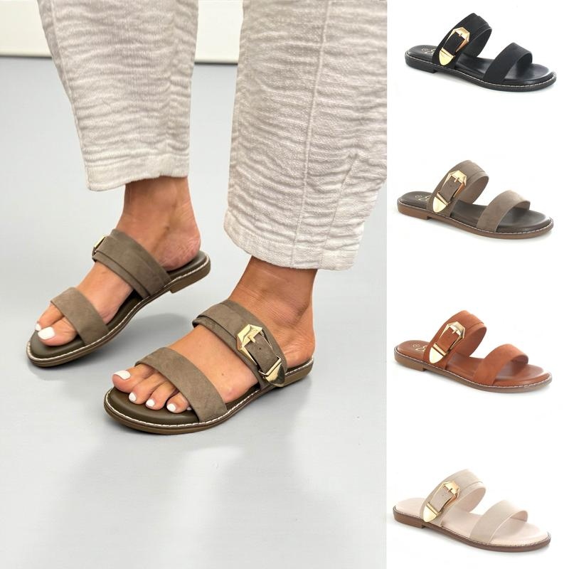 Buckled Flat Open Toe Slip-On Sandal