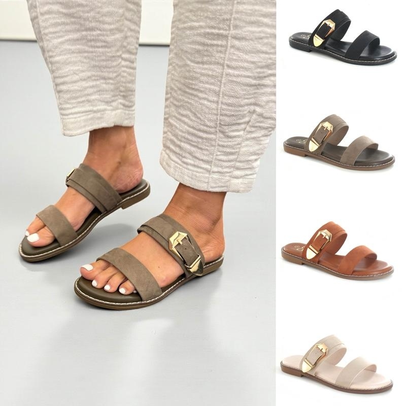 Buckled Flat Open Toe Slip-On Sandal