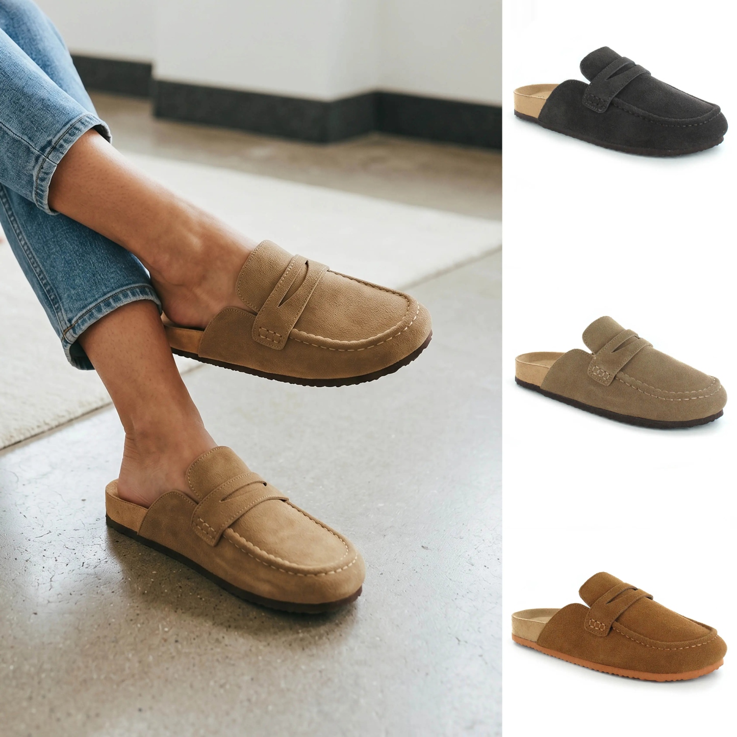Cow Suede Leather Flat Loafer Mule Clogs