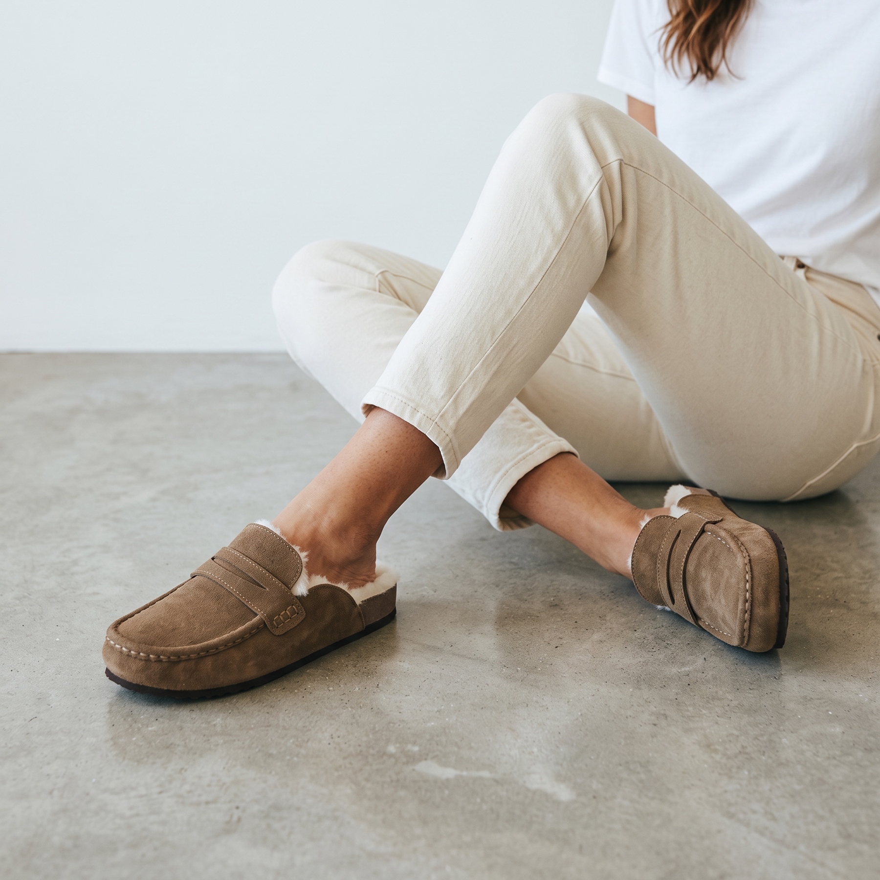 Cow Suede Leather Fur Lined Flat Loafers