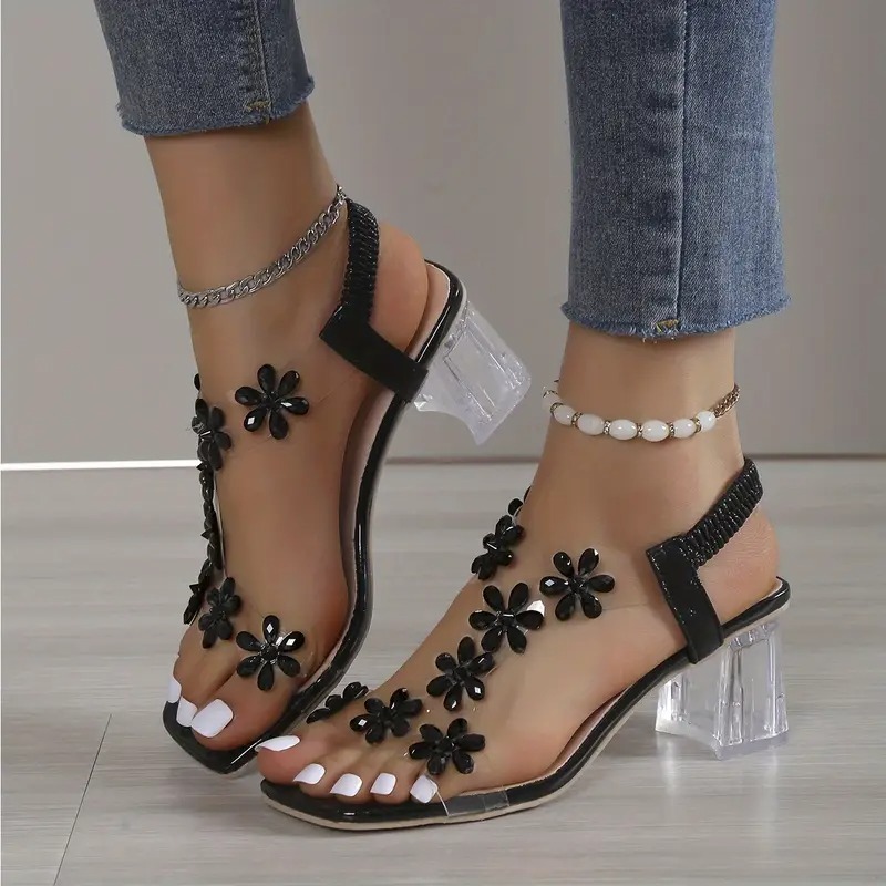 Flower Rhinestone Block Heel Sandals