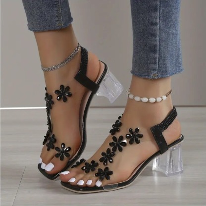 Flower Rhinestone Block Heel Sandals
