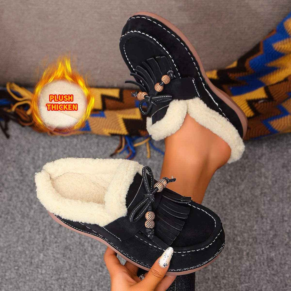 Women's Tassel Bow Plush Lined Mules