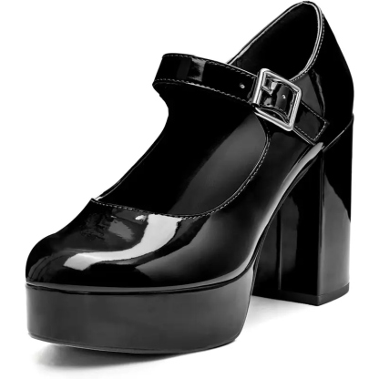 Women's T-Strap Round Toe Chunky Platform Heels