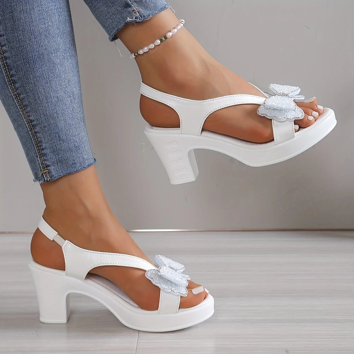 Women's Rhinestone Bow Heel Sandals