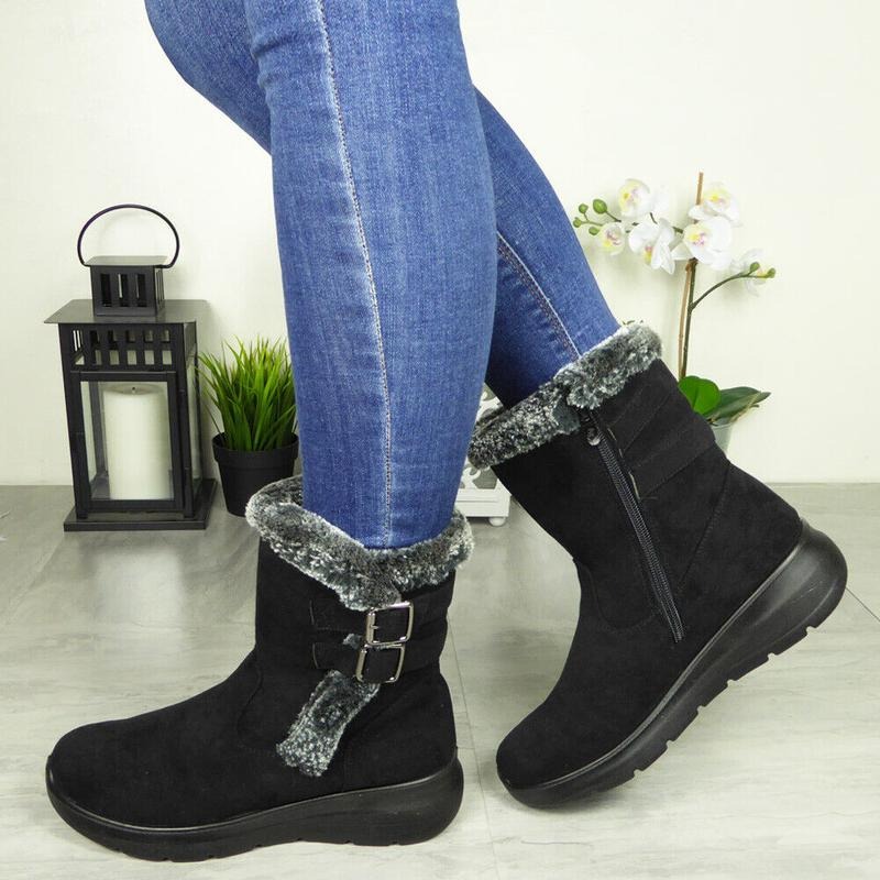 Women's Buckle Fleece Warm Lined Zip Boots
