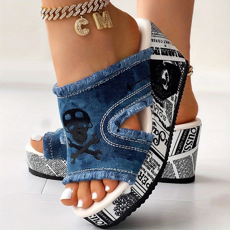 Skull Print Tassel Denim Open Toe Sandals