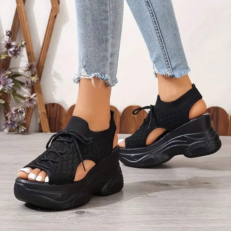 Breathable Knit Platform Wedge Sandals