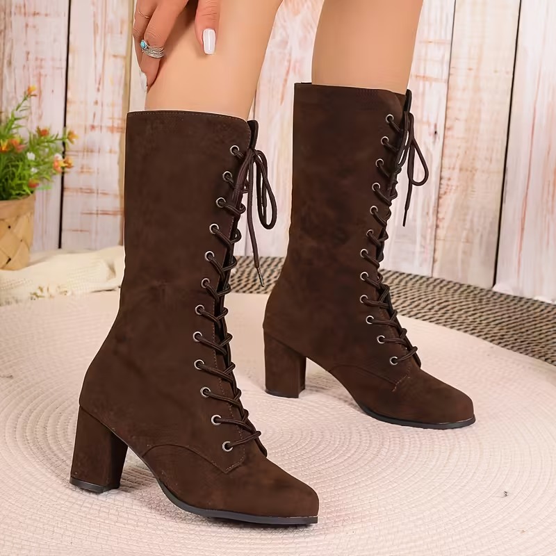 Women's Solid Color Lace-Up Boots