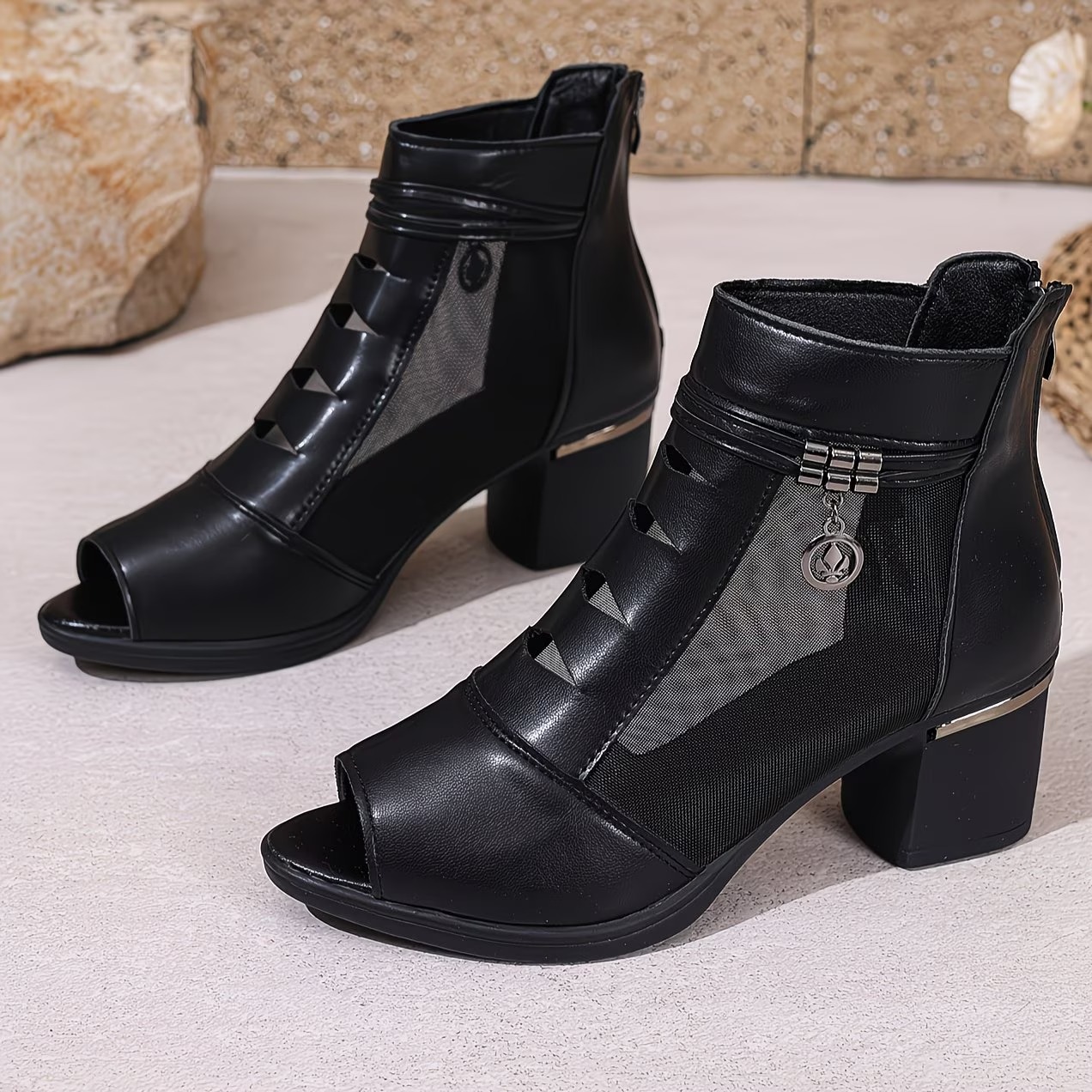 Women's Mesh Heeled Peep-Toe Shoes