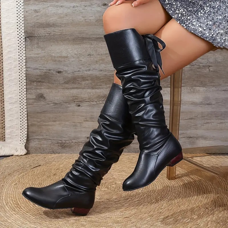 Bowknot Leather Square Heel Long Boots