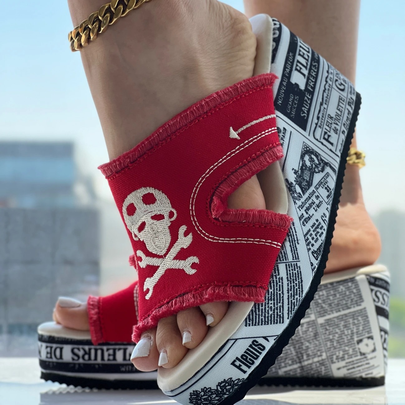 Skull Print Tassel Denim Open Toe Sandals