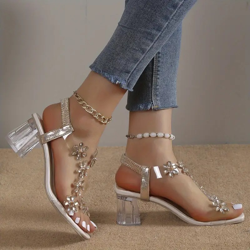 Flower Rhinestone Block Heel Sandals