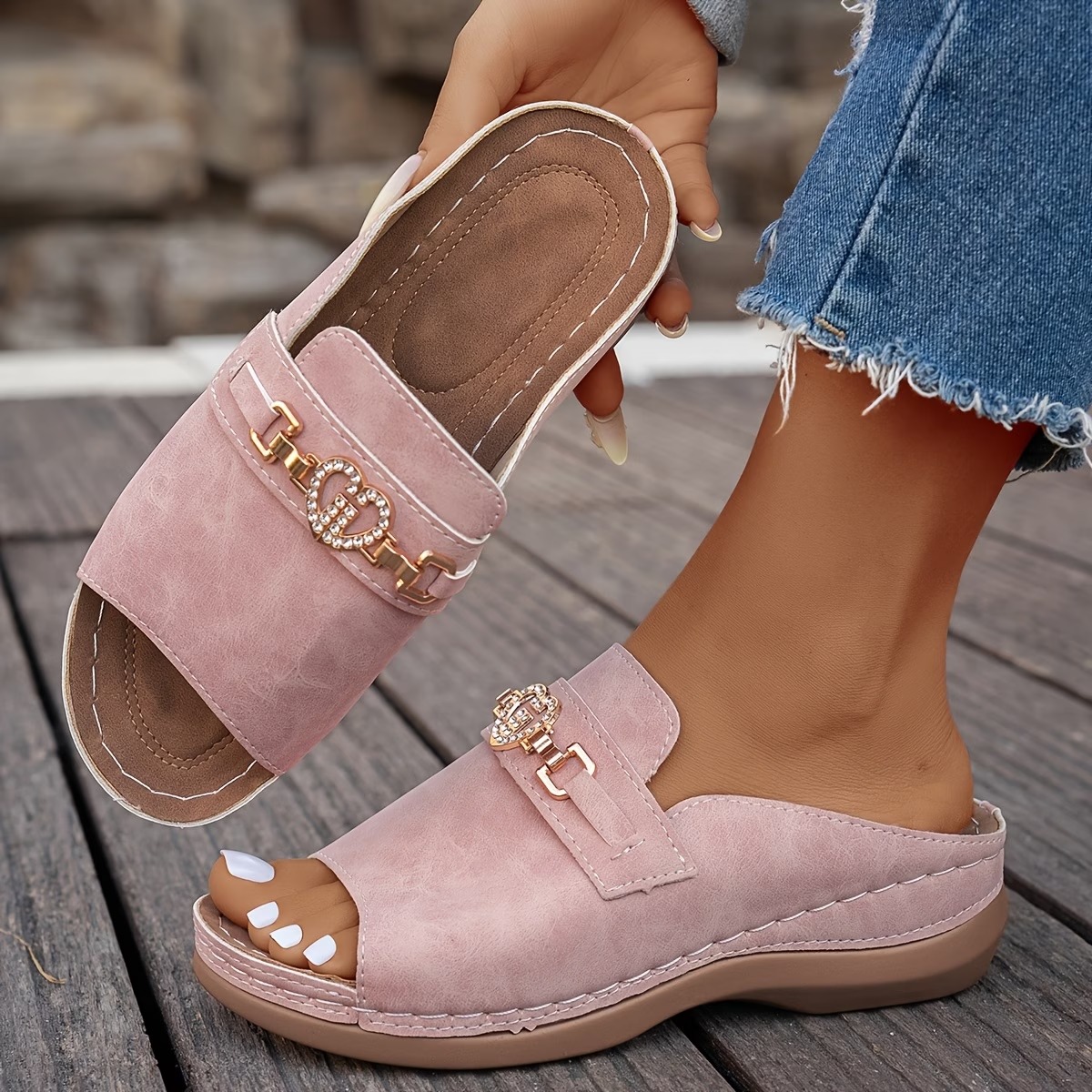 Women's Heart Rhinestone Wedge Sandals