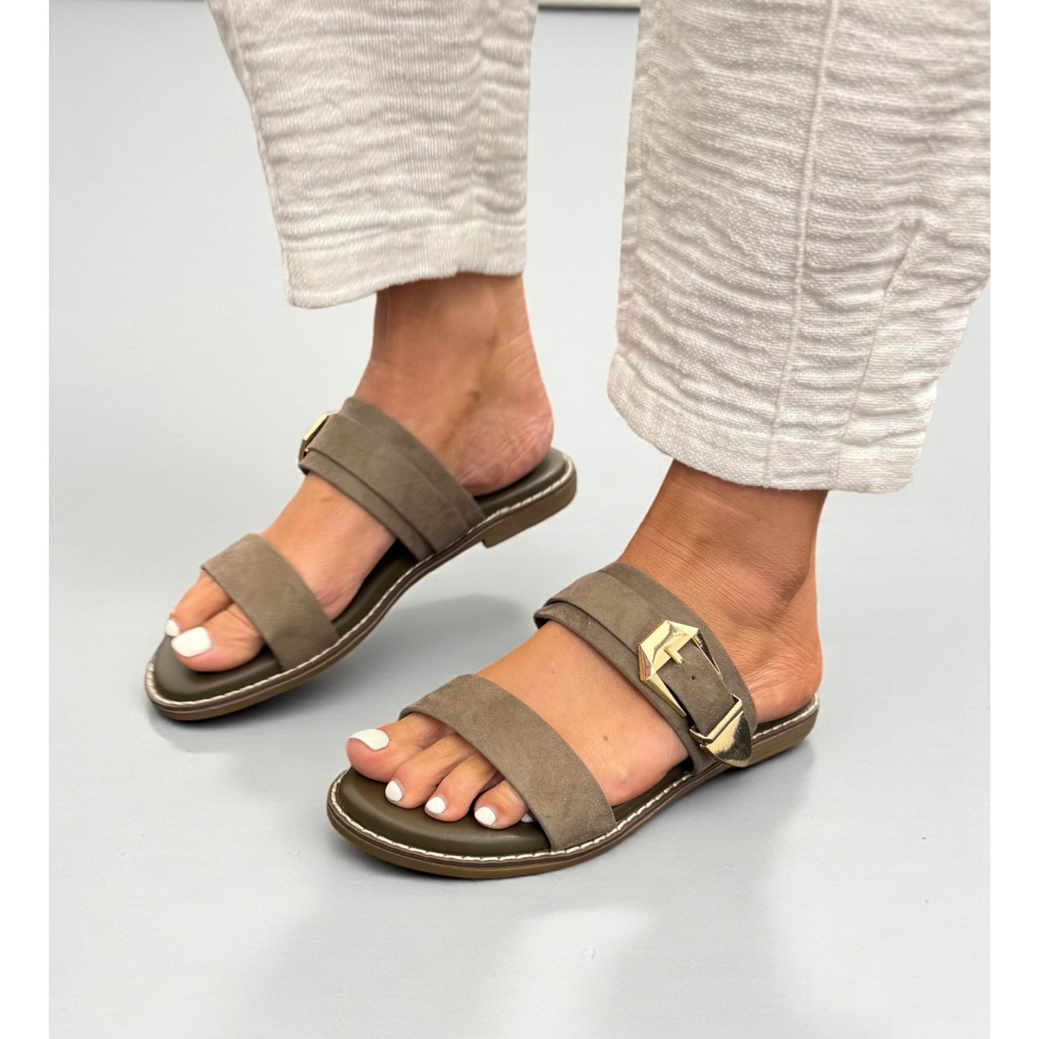 Buckled Flat Open Toe Slip-On Sandal