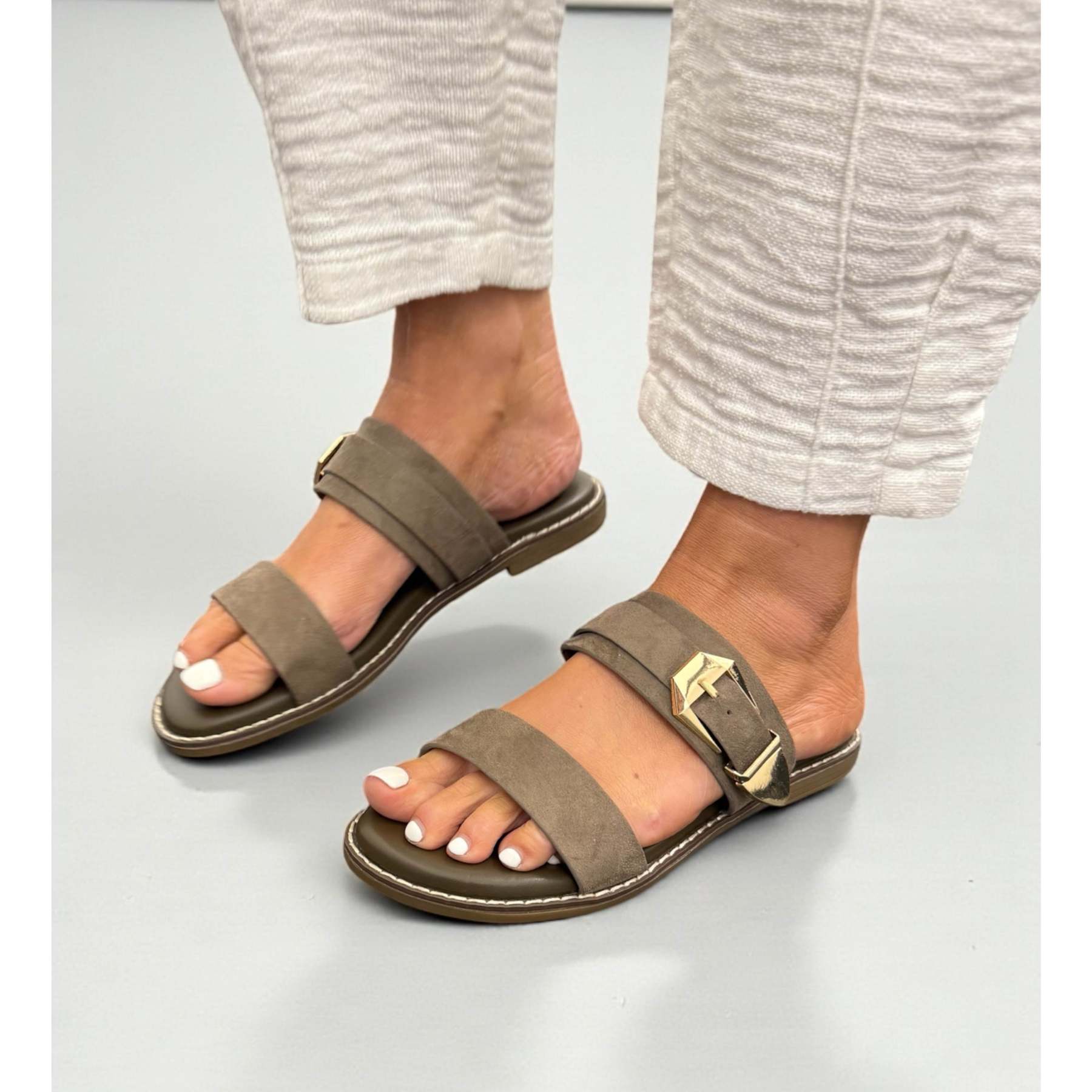 Buckled Flat Open Toe Slip-On Sandal
