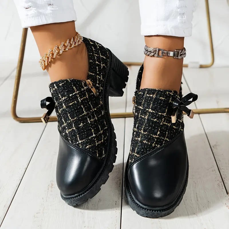 Bowknot Decor Chunky Heel Short Boots