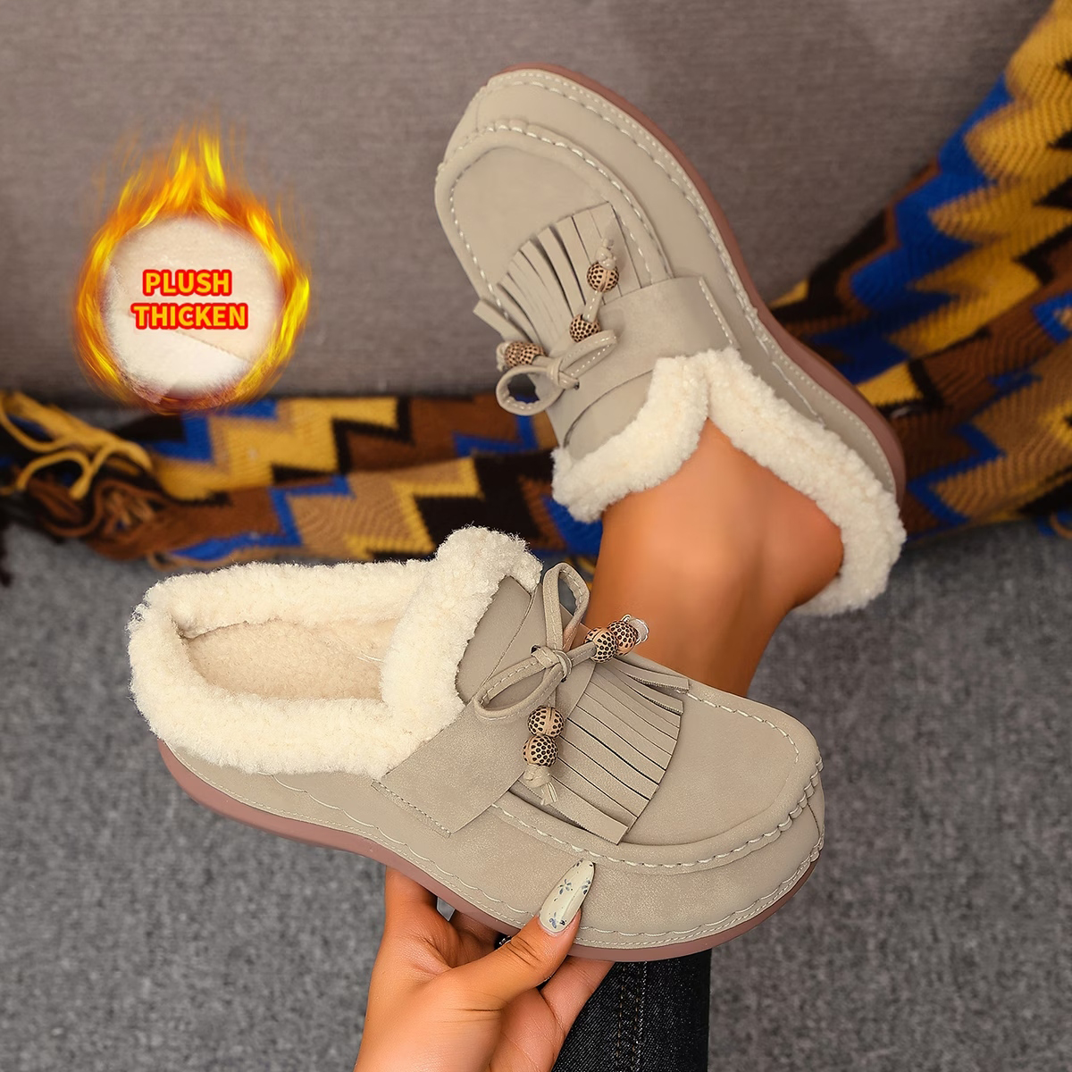 Women's Tassel Bow Plush Lined Mules