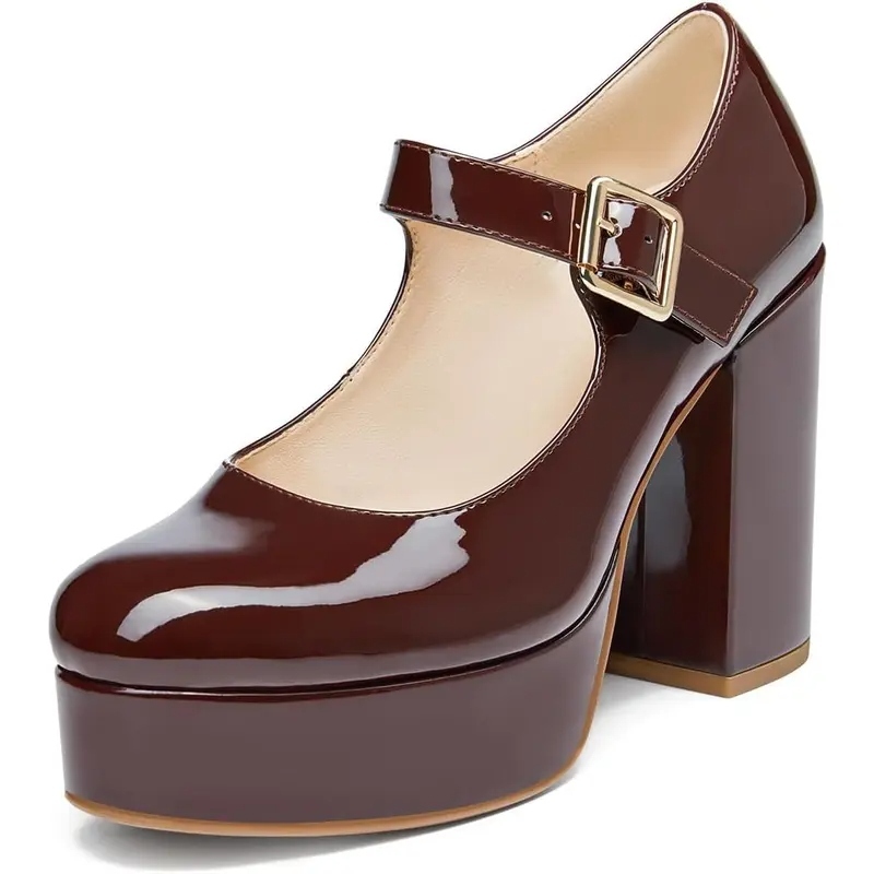 Women's T-Strap Round Toe Chunky Platform Heels