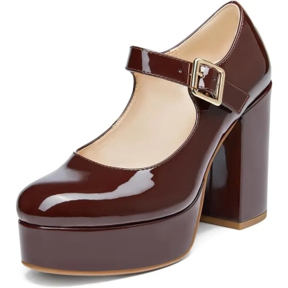 Women's T-Strap Round Toe Chunky Platform Heels