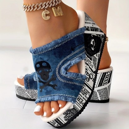 Skull Print Tassel Denim Open Toe Sandals