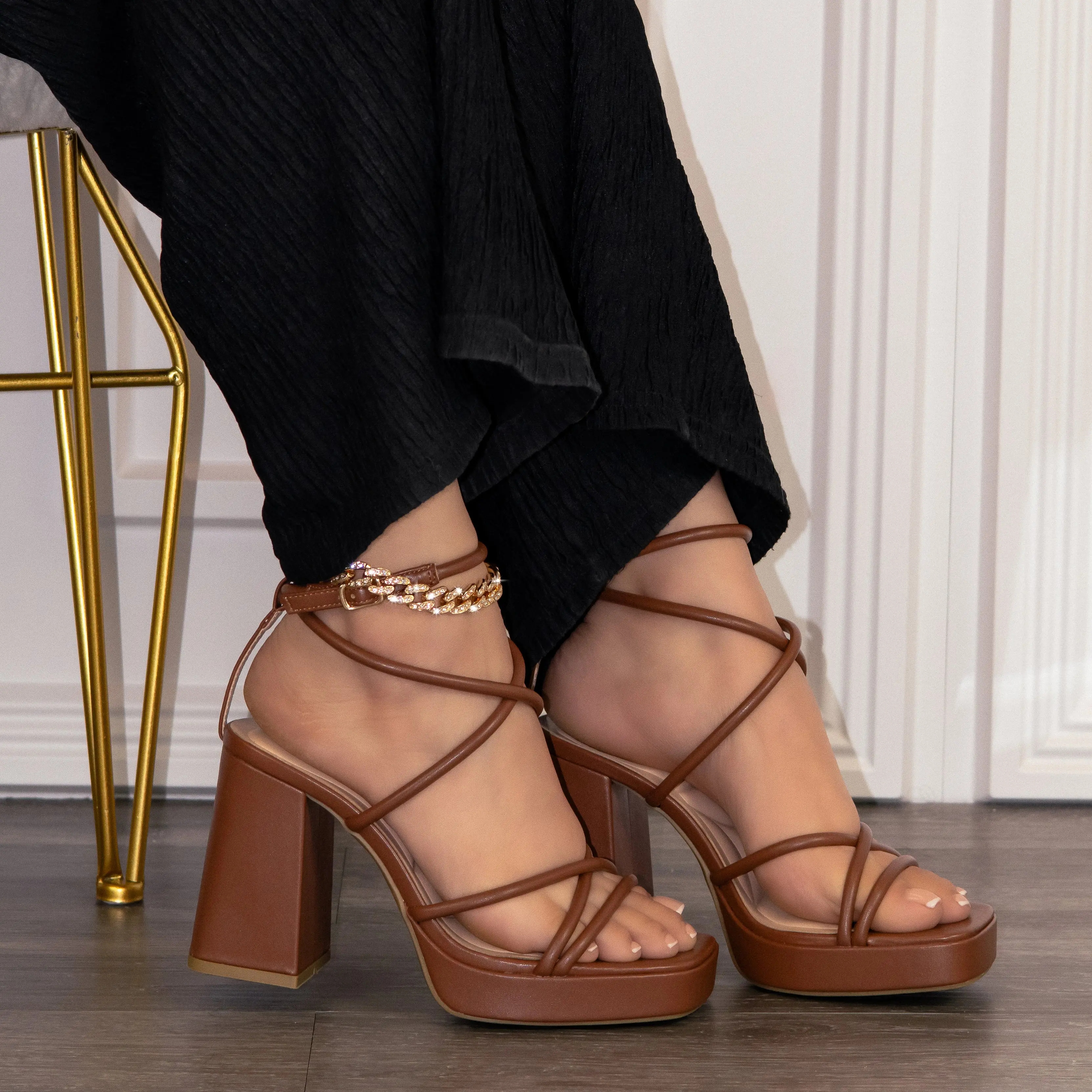 Women's Square Toe Ankle Strap Block Heels