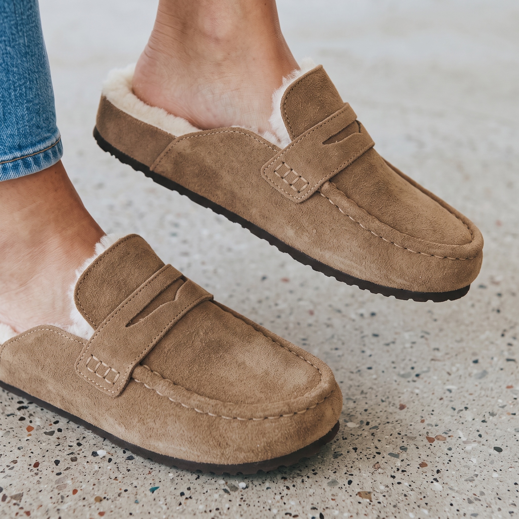 Cow Suede Leather Fur Lined Flat Loafers