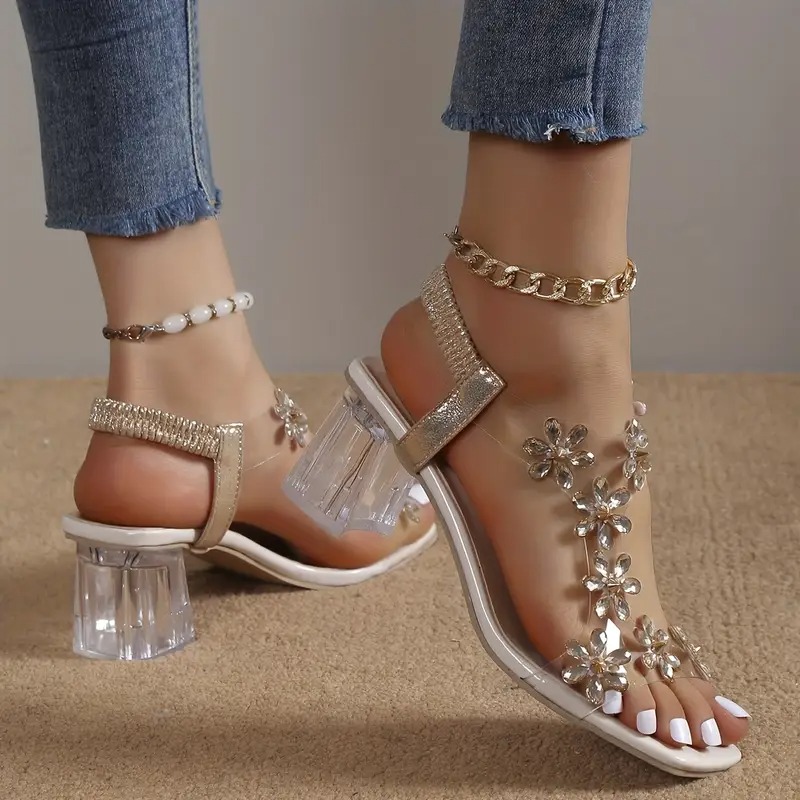 Flower Rhinestone Block Heel Sandals