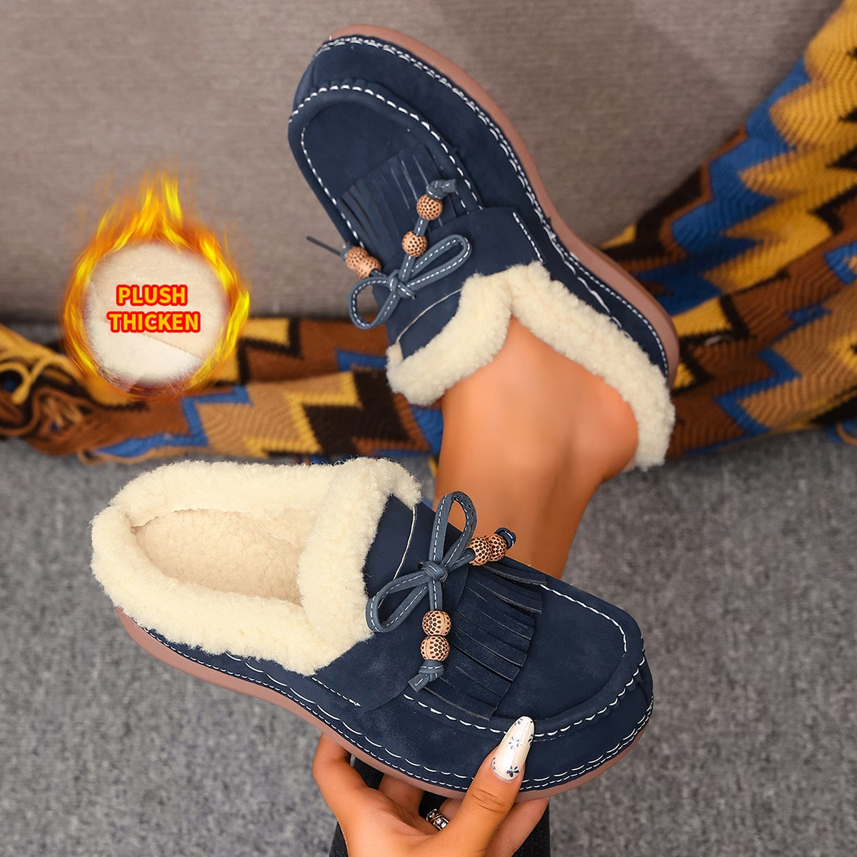 Women's Tassel Bow Plush Lined Mules