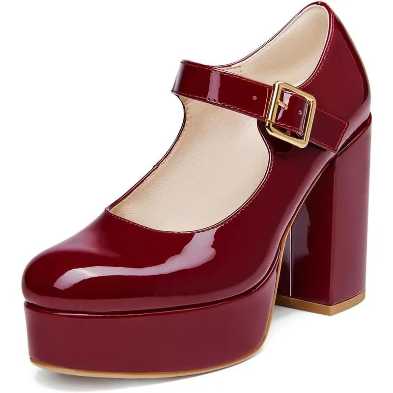 Women's T-Strap Round Toe Chunky Platform Heels